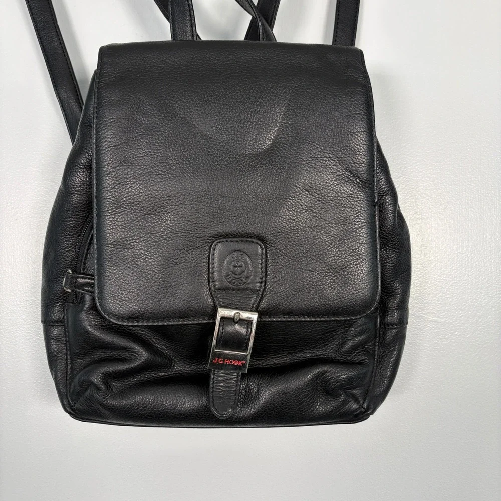 J.G. Hook Womens Mini‎ Backpack Small Black Pebbled Leather Buckle Flap Strap